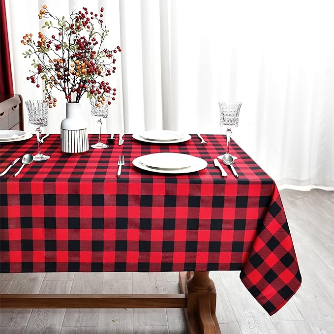 Classic Gingham Buffalo Xmas Tablecloth Fabric - Oblong 58x144 Inch Water Proof Checkered Table Cloth for Indoor Outdoor - Red Christmas Plaid Table Cover for Christmas, Holiday, New Year