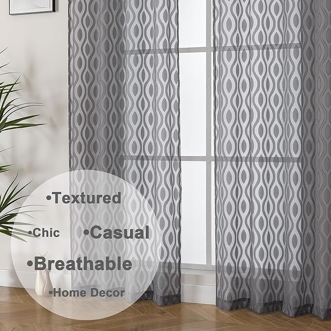 Aiyufeng Extra Long Grey Sheer Curtains 96 Inches Long for Bedroom 2 Panels Set, Farmhouse Wavy Line Light Filtering Clip Jacquard Solid Voile Living Room Curtains, Dual Rod Pocket, 40" Wx96 L Inches