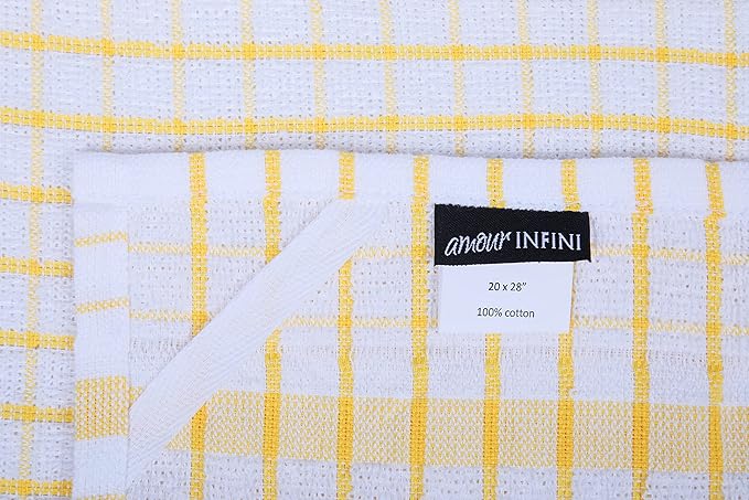 AMOUR INFINI Kitchen Towels Set of 4 - Highly Absorbent, Super Soft Terry Cotton 20x28 Inch Dish Towels with Hanging Loop - Hand & Tea Towels for Cleaning & Drying Dishes (Yellow)