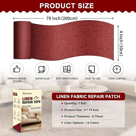 Linen Repair Tape 4x79 inch, Self Adhesive Fabric Patches, Linen Patch Tape Kit, Fabric Repair Tape for Couch Sofas, Headboards, Chairs, Pillows, Curtains, Couches - Dark Red
