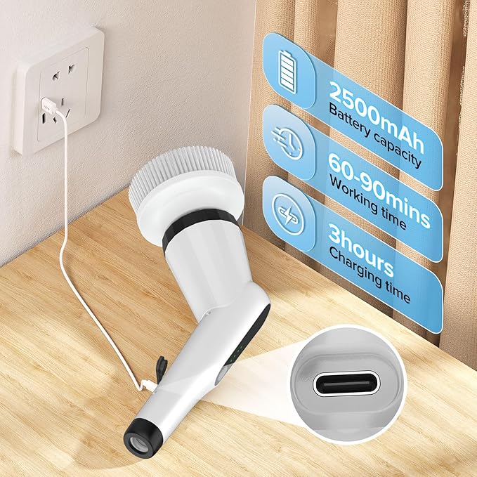 WKY-Electric Spin Scrubber - Upgraded 12-in-1 IPX7 Waterproof Shower Cleaner Brush, Retractable Handle & 2-Speed for Bathroom, Bathtub, Kitchen, Tile Floors