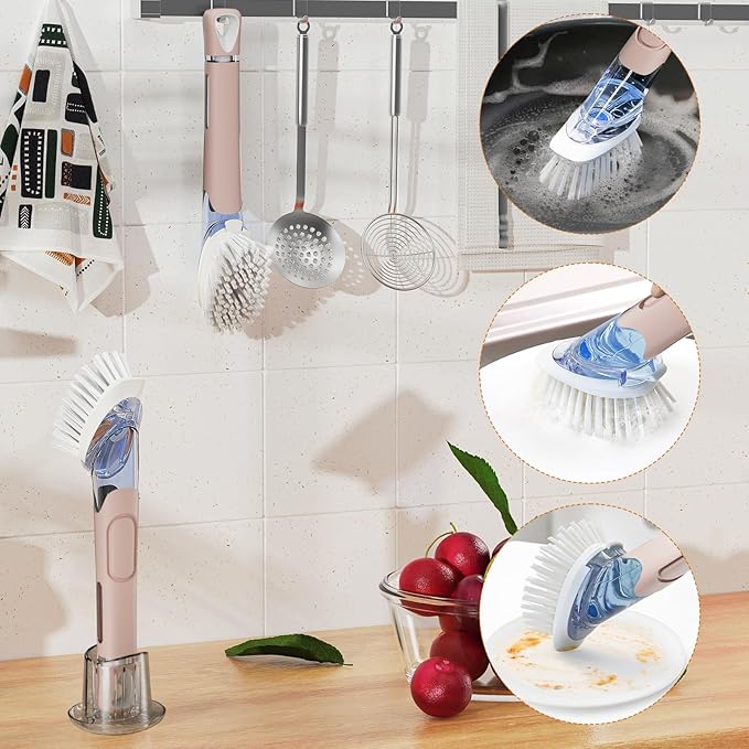 Soap Dispensing Replacement Dish Brush Storage Set with 2 PCS Brush Refills & Holder - RIMAY Dispenser Scrub Cleaning Scrubber Kitchen Dishwashing Dish Wand Handle for Dishes/Pans/Pots/Sink(Pink)