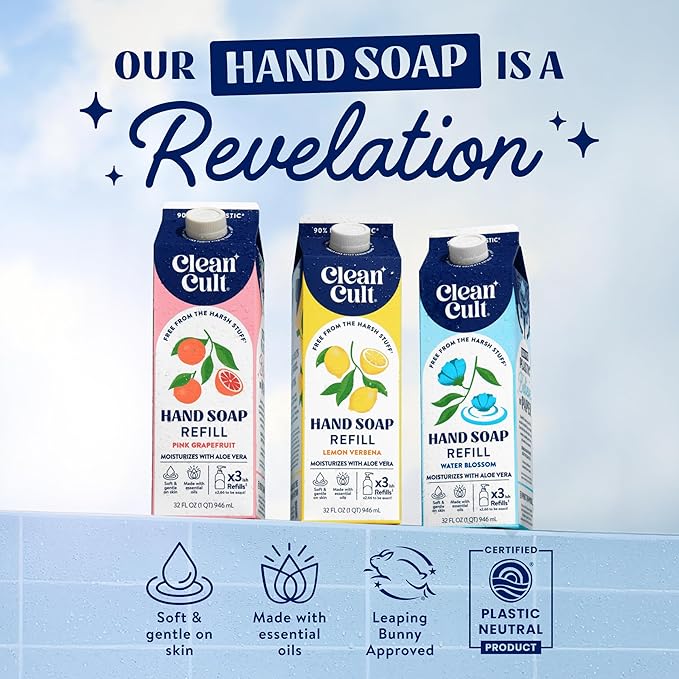 Cleancult Liquid Hand Soap Refill - Pink Grapefruit- Moisturizes Dry & Sensitive Skin - Made with Aloe Vera & Essential Oils - Eco Friendly - Paper-Based Packaging - 32 oz/2 Pack
