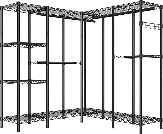 L Shaped Heavy Duty Metal Clothes Rack for Hanging Clothes,Freestanding Garment Rack Closet Wardrobe Rack Clothing Rack with 4 Hanging Rods & 1 Side Hook,50"Lx 50"Wx 76.4"H,Max Load 1100LBS