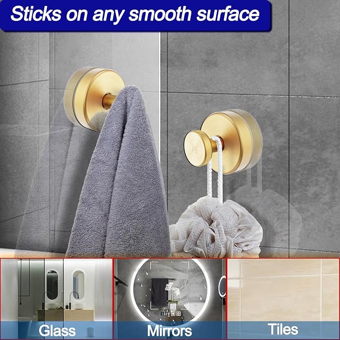 Suction Cup Hooks for Shower, Removable Towel Hooks for Bathroom Window Glass Door Wall, Bath Robe Looafh Hook for Hanging - 4 Pack, Gold1