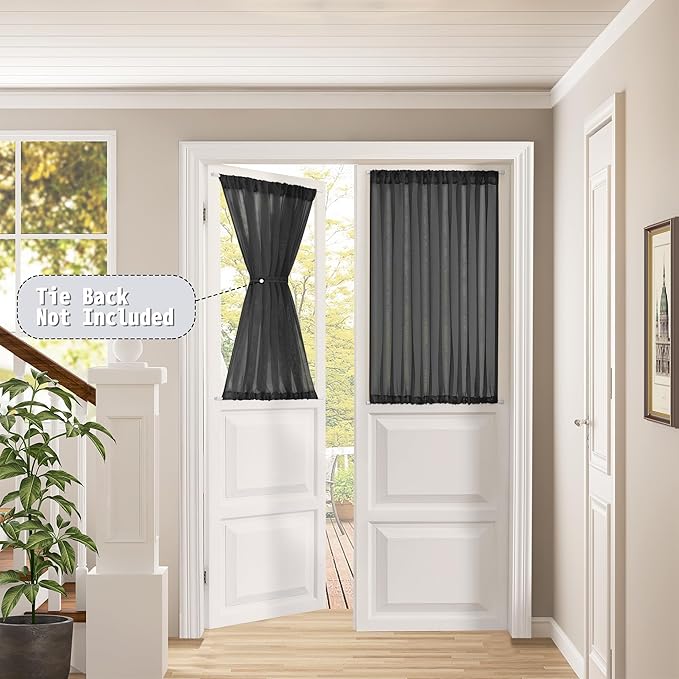Tollpiz Short Sheer Door Curtain Closet Linen Textured Curtain Sheers Doorway Light Filtering Voile Patio Glass Door Rod Pocket Curtains French Door, 54 x 54 inches Long, Black, Set of 1 Panel