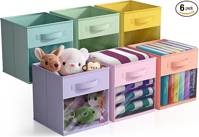 Sorbus 11 Inch Storage Bins with Clear Window - 6 Foldable Baskets for Organizing Clothes, Toys, Books - Sturdy Collapsible Fabric Storage Cubes with Handle - Storage Baskets for Shelves, Closets