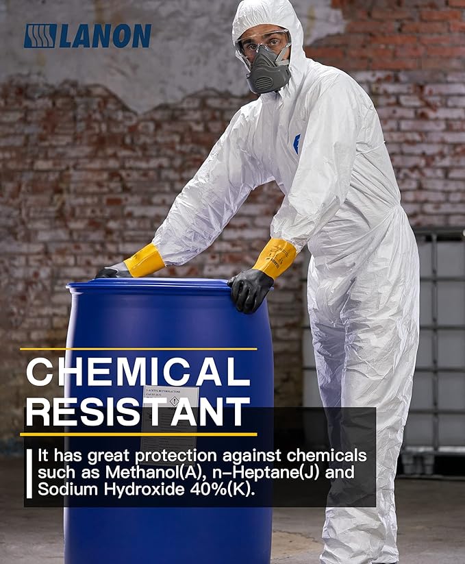LANON PVC Chemical Gloves, Thick Rubber Work Gloves, Heavy-Duty, EN 374/388, Acid, Alkali and Oil, Non-Slip, Large
