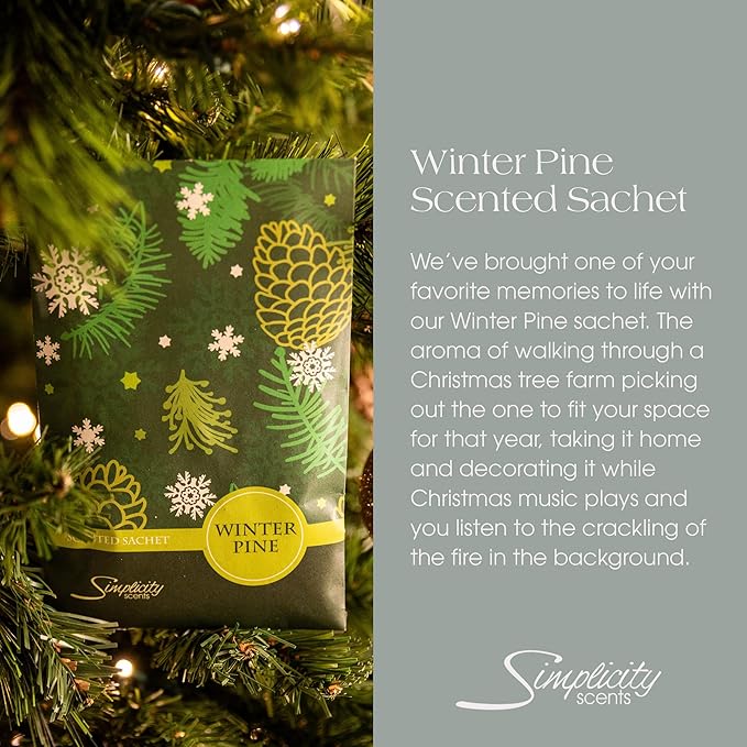 Simplicity Scents Winter Pine Scented Sachets Pack of 6, Fall & Winter - Long-Lasting Scented Bags, Home Fragrance, Air Freshener & Deodorizer for Closet, Room, Drawer, or Cars, Made in USA