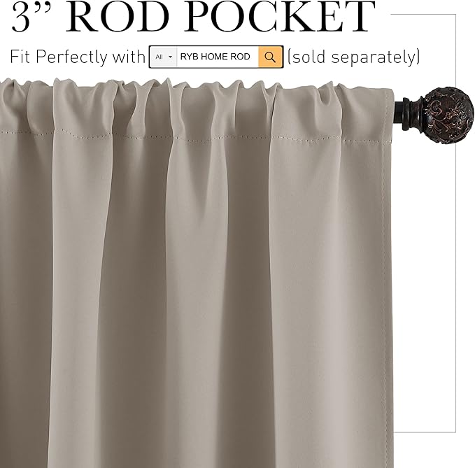 RYB HOME Room Darkening Curtains for Bedroom, Thick Durable Privacy Window Shades, Rod Pocket Thermal Insulated Backdrop for Teenagers Bedroom Dorm, W 42 x L 72 inches, 2 Panels, Sand