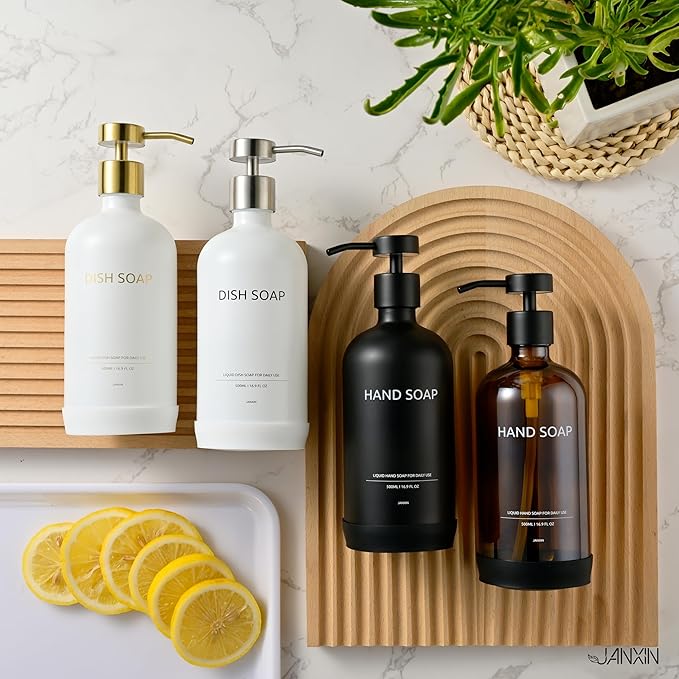 Glass Soap Dispenser Set by Janxin,Bathroom Soap Dispenser Set with Ceramic Tray,Luxury Bathroom Accessories,Modern Kitchen Decor (Amber(Dish Soap))