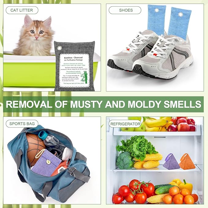 Bamboo Charcoal Bags Odor Absorber 12 Pack×100g Bamboo Charcoal Air Purifying Bags, for Car Air Fresheners, Odor Eliminator for Home，Shoe Deodorizer - Colorful-Activated Charcoal Odor Absorbers