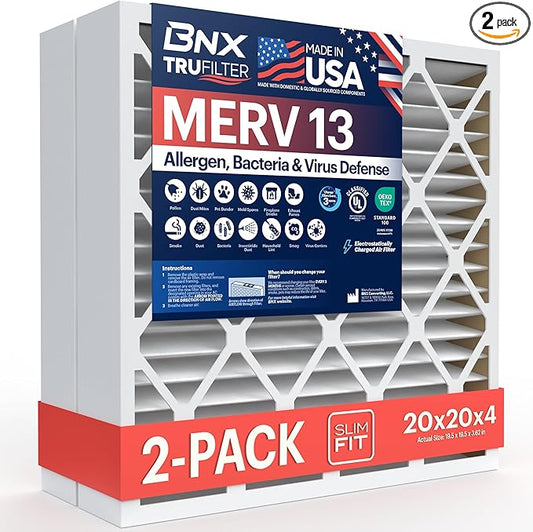 BNX TruFilter 20x20x4 (19.5’’ x 19.5’’ x 3.63‘’ Slim Fit) MERV 13 Air Filter (2-Pack) - MADE IN USA - Air Conditioner HVAC AC Furnace Filters Health, Allergies, Mold, Bacteria, Smoke, MPR 1900 FPR 10