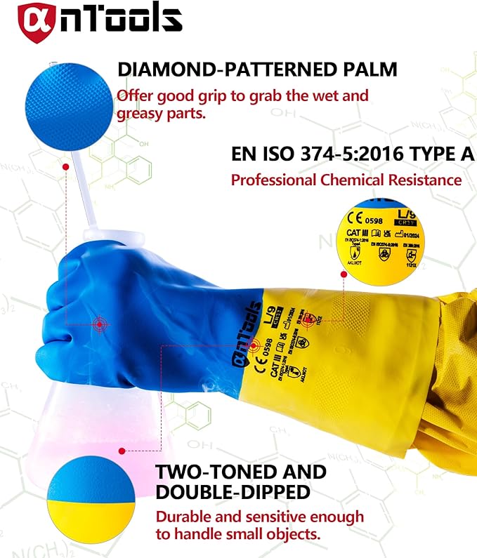 2 Pairs Neoprene and Rubber Blend Heavy-Duty Chemical Gloves, Protective industrial gloves for Resist Acid, Alkali, Hazmat, cleaning, dishwashing, Medium