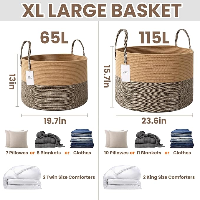 Woven Blanket Basket,115L Large Rope Storage Bin with Handles, Organizer for Blankets Toys Book and Clothes, Laundry Basket for Living Room Bedroom Nursery,Jute&Black