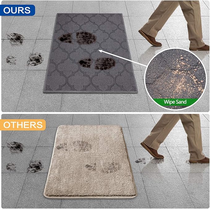FONEYI Indoor Door Mat, Entrance Rug 24" x 36" Non-Slip Rubber Backing, Machine Washable Entry Rug, Low Profile Absorbent Dirt Trapper Doormat Inside Floor Mats for Entryway, Grey