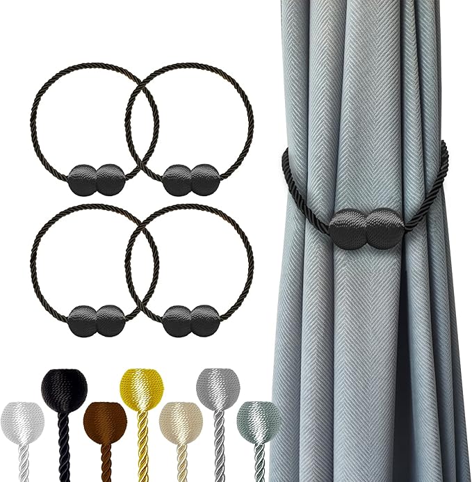 Hion Magnetic Curtain Tiebacks 4 Pack, Nickel-plated Metal and Polyester, Black