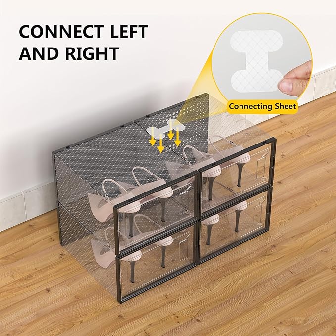 12 Pack Large Shoe Organizer Storage Boxes for Closet, Modular Space Saving Shoe Boxes Clear Plastic Stackable Sneaker Containers Display Case with Lids, Black05