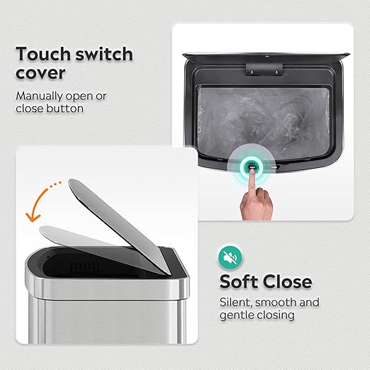 WLIVE 16 Gallon Motion Sensor Trash Can, 60 Liter Automatic Kitchen Trash Can with Soft Close Lid, Touchless Electronic Smart Stainless Steel Waste Bin for Kitchen, Office, Silver
