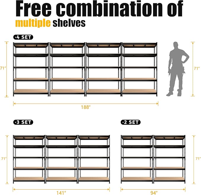 PrimeZone 3 Pack Heavy Duty Adjustable 5 Tier Garage Storage Shelves - 47" W x 18" D x 71" H, Metal Utility Rack Shelf Unit for Warehouse, Pantry, Closet, Kitchen, Black