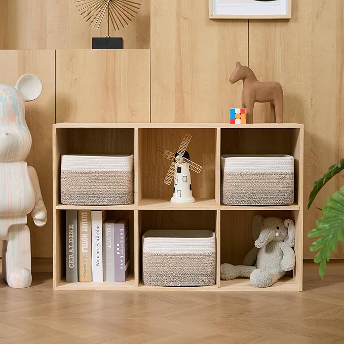 Small Organizing Baskets for Cubes Shelf, 9.7x9.7x7.1 Inch Rope Woven Storage Bins for Nursery Shelves Storage, Cute Toy Basket, Square 3 Packs Gradient Brown