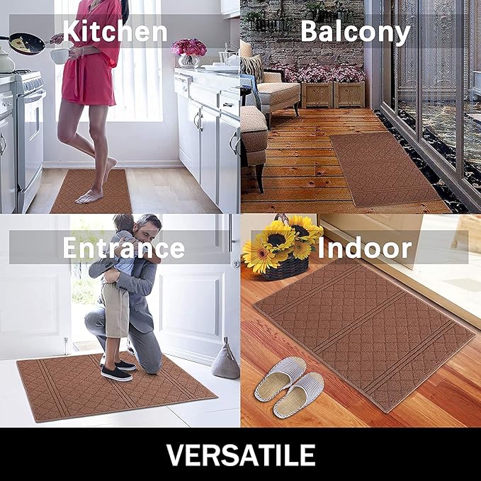 REFETONE Indoor Doormat, Front Back Door Mat 16"x24" Absorbent Rubber Backing Non Slip Door Mats, Low-Profile Resist Dirt Rugs, Machine Washable Door Rug Inside Floor Mat for Entryway, Chocolate
