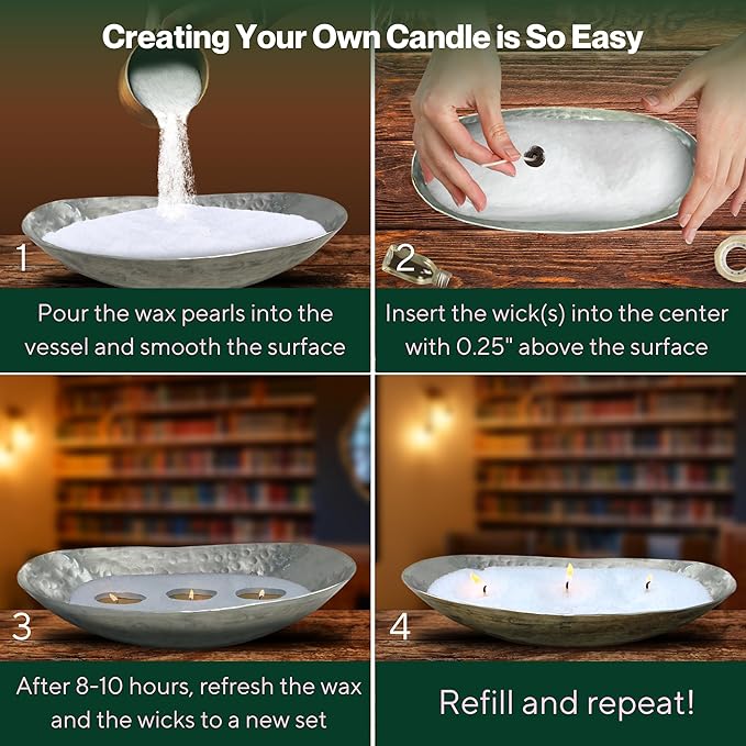 LILY LADUE Candle Refill Kit - 2Lb/32Oz Pearled Candles Sand and Wicks (48) and Hammered Silver Holder, Reusable Unique Sand Candles with Wicks for Candle Making, Bulk Unscented Pearl Wax Beads