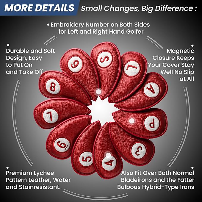 FINGER TEN Golf Club Covers for Irons Magnetic Value 11 Pack, Synthetic Leather Deluxe Head Cover Set Headcovers for Irons Fit Main Iron Clubs