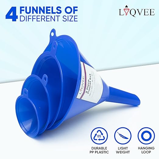 Funnel 4-Pack Funnels for Kitchen Use Filling Bottles - Food-Grade Plastic, Funnels for Automotive Use, Mess-Free Filling, funnels for Filling Bottles, Sizes (122, 101, 76 & 50mm)