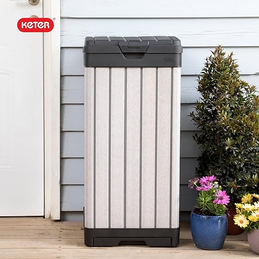 Keter Rockford Resin 38 Gallon Outdoor Kitchen Trash Can with Lid and Drip Tray for Easy Cleaning-Perfect for Patio Dining, Grey