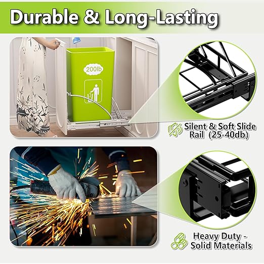 Pull Out Trash Can Under Cabinet 7-13 Gallon 50 Qt Under Sink Trash Can Pull Out Trash Can for Kitchen Cabinets Slide Out Garbage Can Under Counter, Black