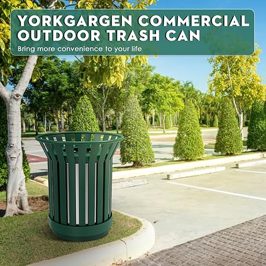 8Gallon/30L Commercial Outdoor & Indoor Metal Trash Can, Outdoor Slatted Trash Receptacle with Metal Linner, All Weather Resistant Large Outside Zone Round Garbage Bin for Street, Park, School - Green