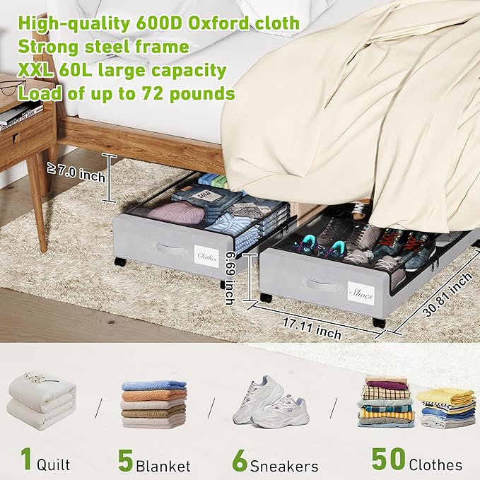 Under Bed Storage with Wheels, 4-Pack Under the Bed Storage Containers with Clear Lids & Label, Underbed Storage Bins, XXL 60L Rolling Metal Drawer for Clothes, Shoes, Toys, Books - Gray