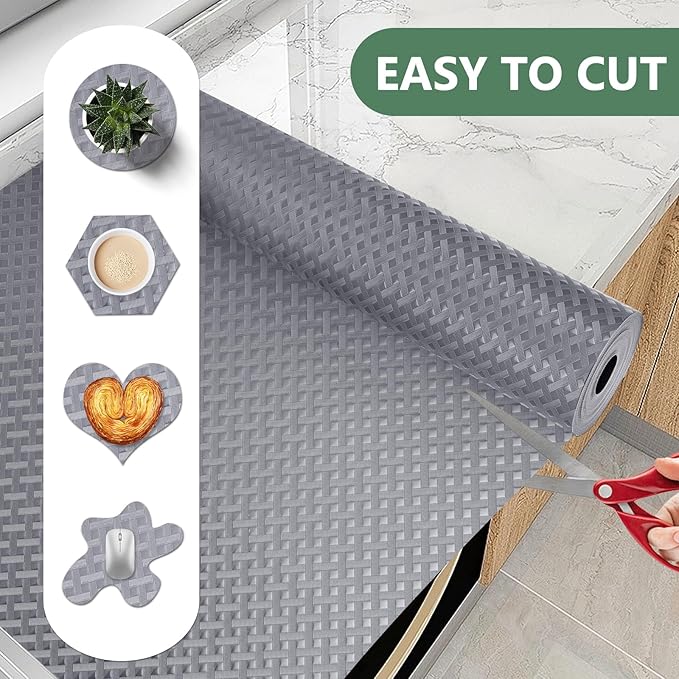 Shelf Liners, Non-Adhesive Drawer Liner, Waterproof & Oil-Proof Kitchen Cabinet Cupboard Liner Plastic EVA Material BPA Free Fridge Liner Mats Paper Protector for Shelves (Grey/16in x 240in)