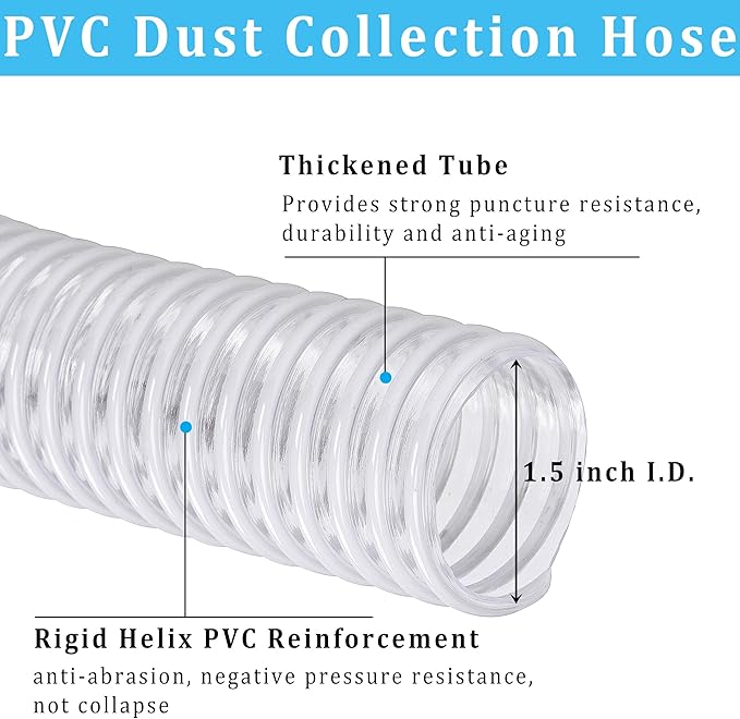 Dust Collection Hose 1-1/2 in × 20 ft Heavy Duty Clear Flexible PVC Reinforced Thicken Helix Suction Discharge Corrugated Pipe Hose for Fume Dust Collector Fitting Wood Chip Saw (1.5 inch hose)