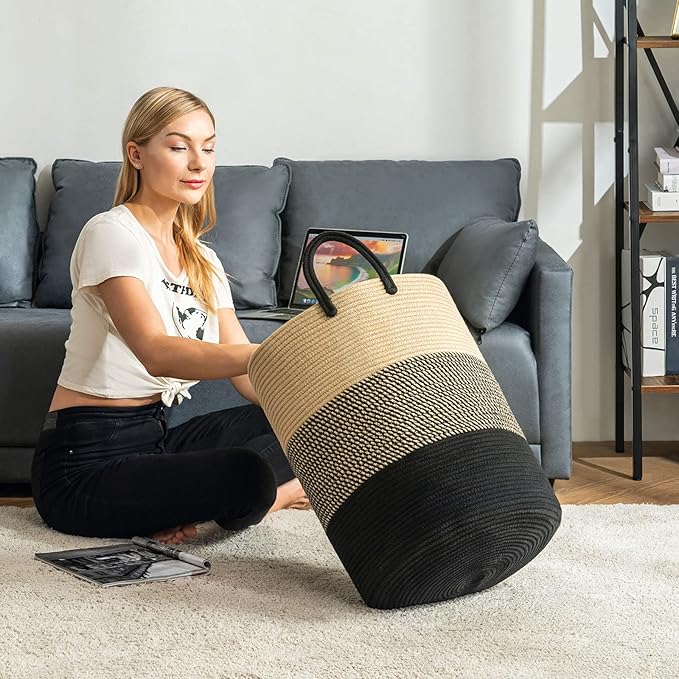 YOUDENOVA Woven Rope Laundry Hamper Basket, 100L Tall Laundry Basket, Baby Nursery Hamper for Blanket Storage, Clothes Hamper for Laundry in Bedroom-Extra Large-Black Brown
