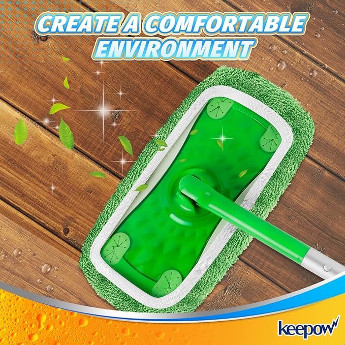 KEEPOW Reusable Microfiber Mop Pads for Swiffer Sweeper Mop, Washable Wet Pad Refills for Wet & Dry Use, Microfiber Dry Sweeping Cloths for Hardwood Floor Cleaning, 2 Pack (Mop is Not Included)