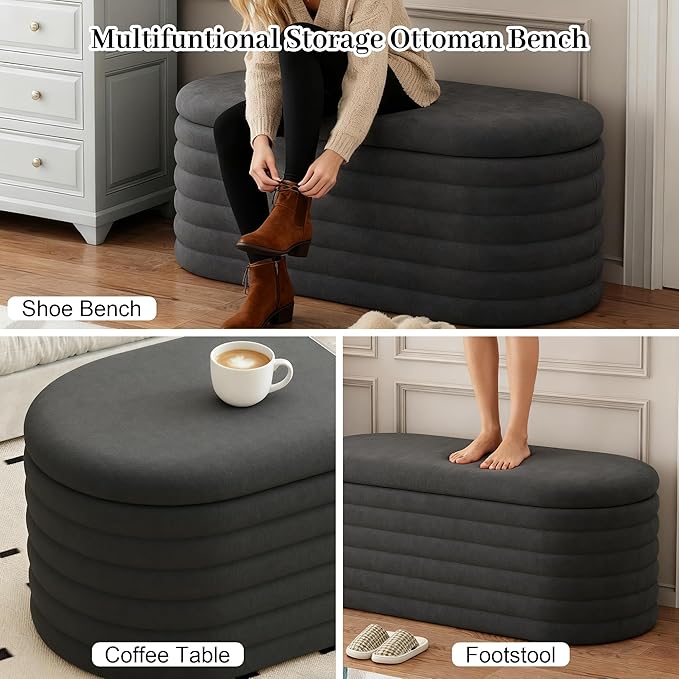Storage Ottoman Bench, 40" Storage Bench, Upholstered Fabric Storages Benches End of Bed Stool with Safety Hinge, Shoe Storages Benches for Bedroom, Living Room, Entryway, Closet, Black