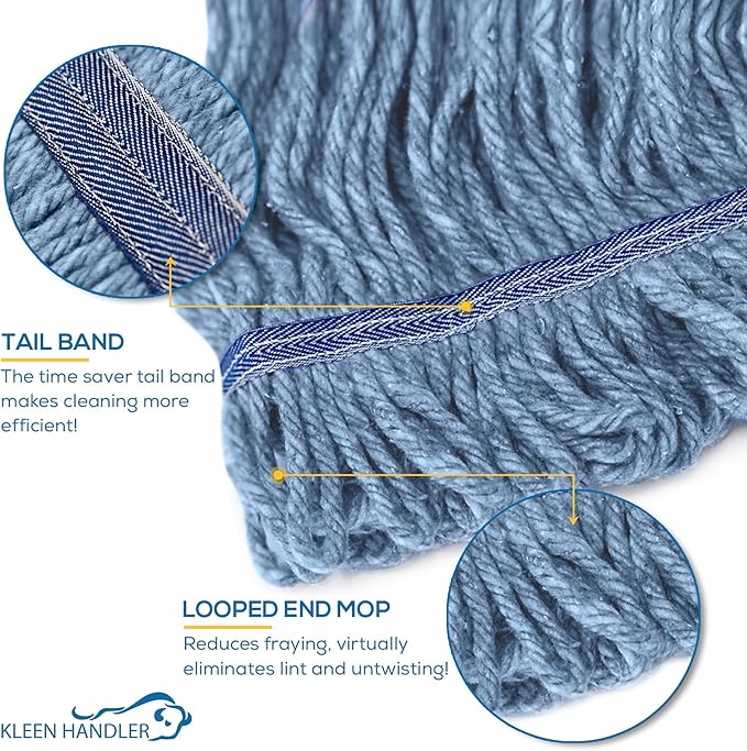 KLEEN HANDLER HEAVY DUTY Commercial Mop Head Replacement, Wet Industrial Blue Cotton Looped End String Cleaning Mop Head Refill (Pack of 6)