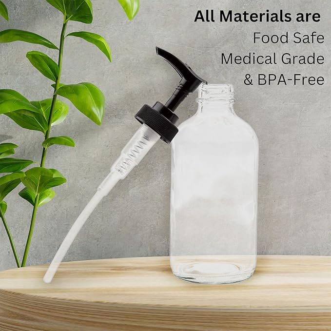 Cornucopia Brands 8oz Clear Glass Pump Bottles (4-Pack w/Black Plastic Pumps), Great as Essential Oil Bottles, Lotion Bottles, Soap Dispensers, and More