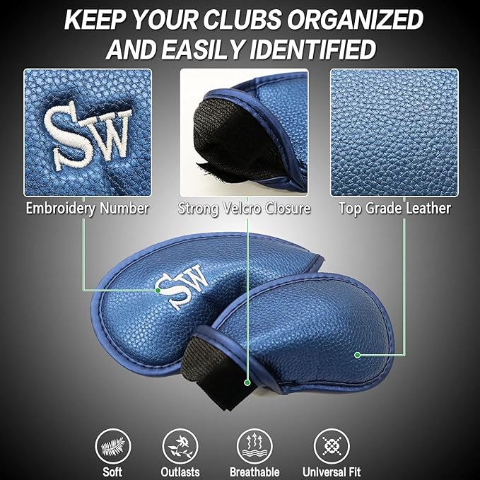 FINGER TEN Premium Synthetic Leather Stylish Iron & Wedge Golf Head Covers Value 12 Piece Set, Embroidered Labels & Fits Most Clubs Gift Set, Travel Protection Accessories