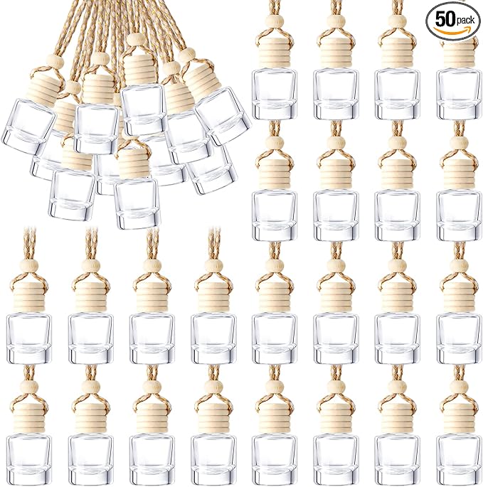BBTO 50 Pcs Hanging Car Air Freshener Car Diffuser Bottles Empty Glass Perfume Bottle Freshener Diffuser Bottle Pendant for Essential Oil Fragrance Aromatherapy Bottle Ornament (Cylinder)