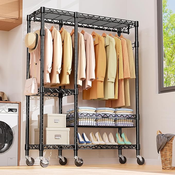 Heavy Duty Rolling Garment Rack 4 Tiers Adjustable Wire Shelving Clothes Rack with Rods and Side Hooks, Storage Closet Clothing Rack with Wheels Black 17.7" D x 47.2" W x 83.6" H