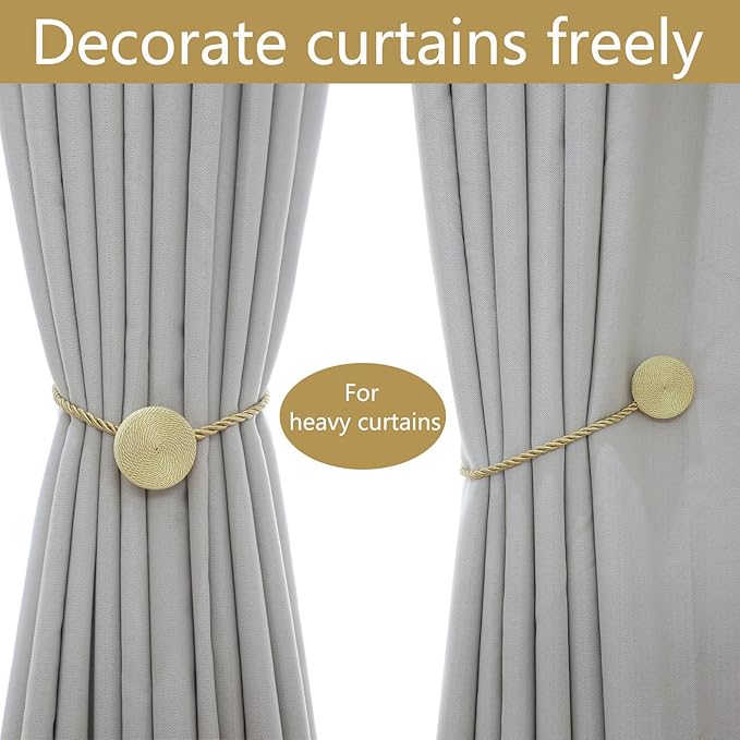 Magnetic Curtain Tiebacks - 12mm Magnetic Tie Backs for Curtains, Heavy Duty No Drill Curtain Holdbacks for Home/Office Windows Drapes, Elegant Gift-Ready Design 7 Colors (4, Gold)