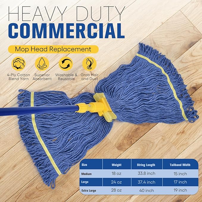 Matthew Cleaning Commercial Mop Head Replacement, 5 Inch Wide Headband, Looped End Cotton Blend String Wet Mops for Floor Cleaning, 24 oz Large, 1-Pack Blue