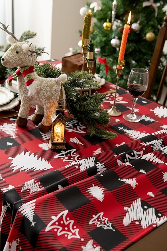 Gingham Xmas Tablecloth Fabric - Oblong 58x120 Water Resistant Christmas Tree Plaid Table Cloth for Indoor/Outdoor Use - Red Tabletop Cover Perfect for Birthday, Picnics, Gardens