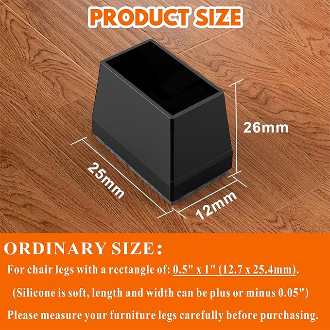 Rectangle Chair Leg Protectors for Hardwood Floors,16 PCS Silicone Covers to Protect Wood Tile Floors Felt Pads Furniture Leg Caps Reduce Noise. Easy to Move. (Black, 0.5 x 1 Inch,Rectangular)