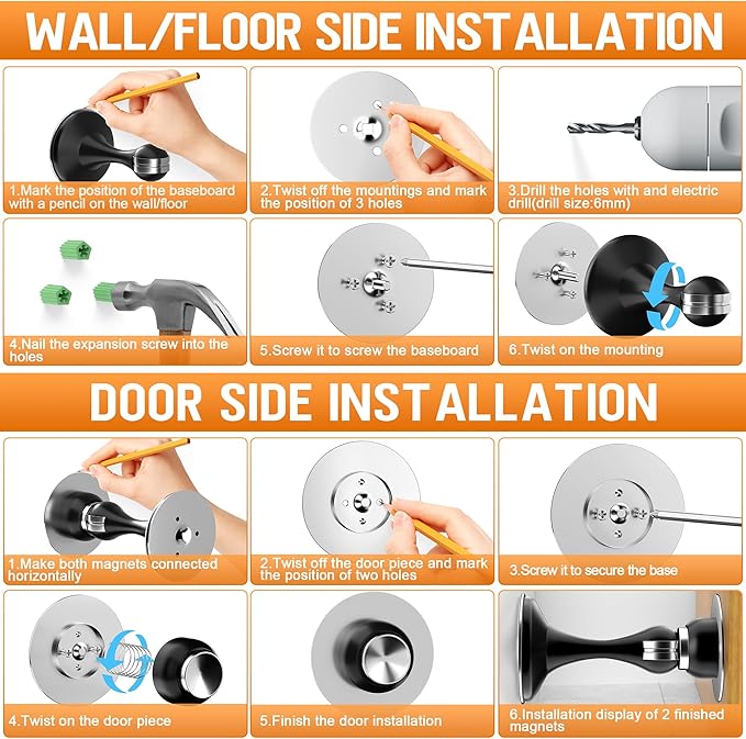 Crosize Magnetic Door Stoppers 6 Pack, Stainless Steel Door Catch for Wall and Floor Mounting, Door Holder Keep Door Open, No Drilling Door Stop with Adhesive Tapes, White
