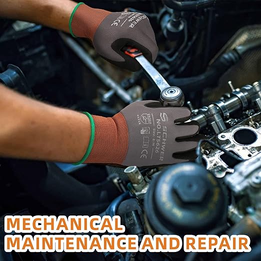 Schwer 12 Pairs Safety Work Gloves with Sandy Nitrile Coating LT5626, Max Abrasion Resistance Heavy Duty Gloves with Grip for Men and Women, Ideal for General Use, Mechanic, Construction, Gardening, S