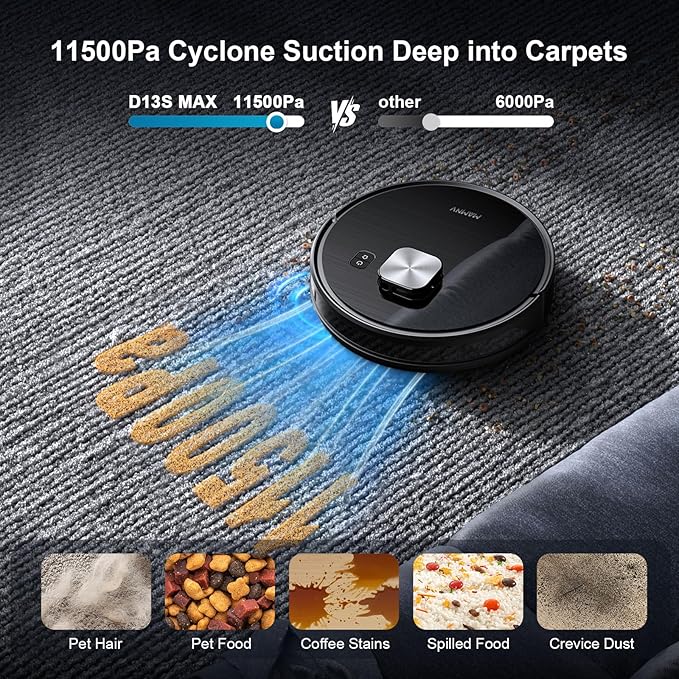 MAMNV Robot Vacuum and Mop, 11500 Pa Suction, 3-in-1 Robotic Vacuum with Smart LiDAR Navigation, 70 Day Self-Emptying,160 Min Runtime,App/Alexa/Voice Control, Ideal for Pet Hair, Carpet & Hard Floor